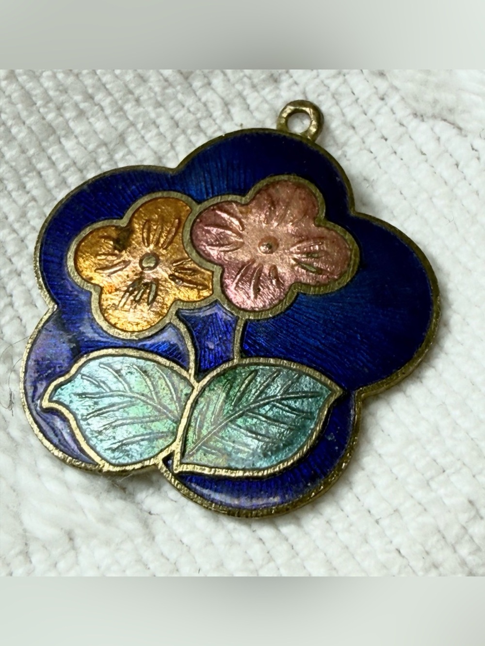 Beautiful vintage blue & gold-toned cloisonné enamel floral charm pendant